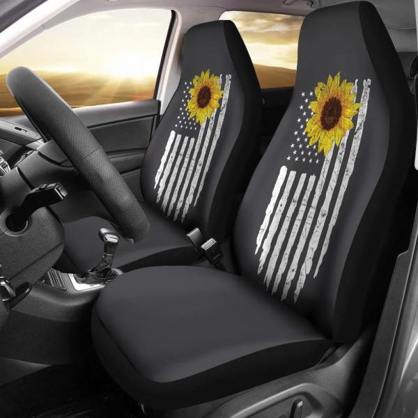 Car Seat Covers |  Charcoal Gray With Distressed American Flag And Sunflower Car Seat Cov,Pack Of 2 Universal Front Seat Protective Cover Car Seat Covers Car Seat Covers