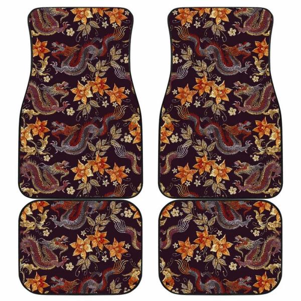 Floor Mats |  Vintage Dragon Flower Pattern Print Front And Back Car Floor Mats Heavy Carpet Front And Rear Full Set 4Pcs Pack Floor Mats Floor Mats